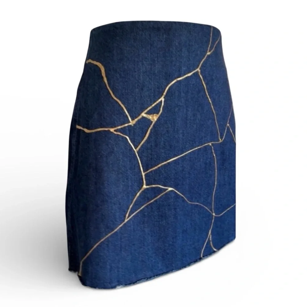 “Kintsugi” style OOAK SKIRT, Women's 8 gold embellishment, wrap, denim, raw hem.